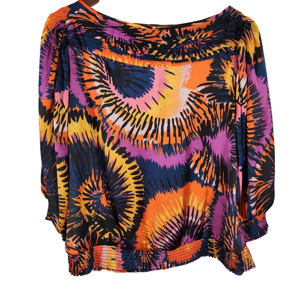 Tribal Abstract Floral Boat Neck 3/4 Sleeve Blouse Ruched Waist Cuffs Size M